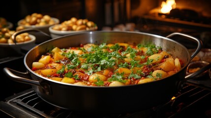 A pot of homemade stew simmering on a stove, ingredients and spices nearby, focus on the preparation