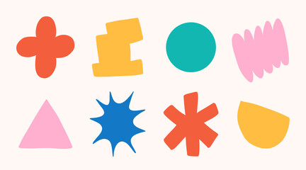 Obraz premium Abstract cloud and flower shapes sticker pack. Groovy funky flower, bubble, star, loop, waves in trendy retro 90s 00s cartoon style. Vector illustration with floraland blob elements.