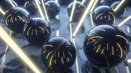 Black marble spheres, neon lighting - obrazy, fototapety, plakaty