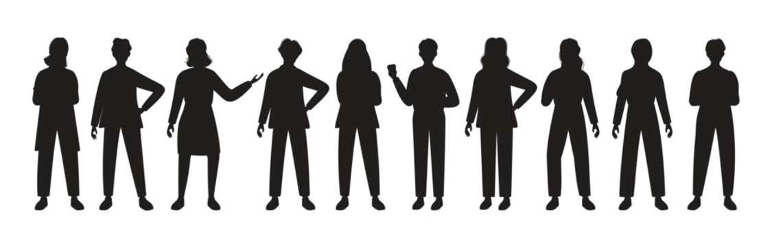 Set of business man and women standing with different pose silhouettes	