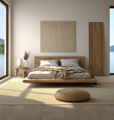 Serene lakeside bedroom interior at dusk with modern minimalist design