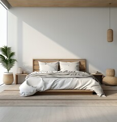 Modern minimalistic bedroom design with neutral tones and natural light