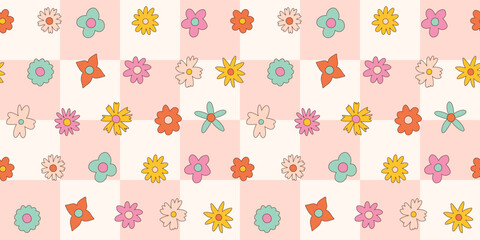 Floral pattern in the style of the 70s with groovy daisy flowers. Retro floral naive vector design. Style of the 60s, 70s, 80s