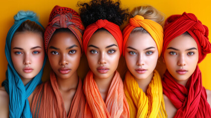 Five multiracial young women fashion and beauty models in multi coloured scarfs and textile materials posing next to yellow background.