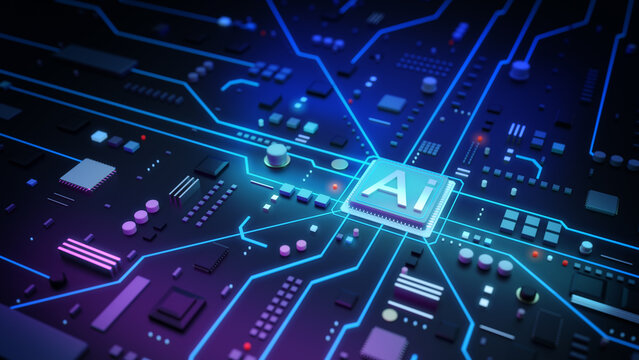 Artificial intelligence processor, Smart microchip, Computer, Data, Technology background, 3D rendering.