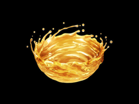 Liquid Oil splash in round shape Isolated On black background, Skincare Cosmetics background concept, 3D rendering.