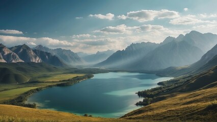Fototapeta premium Explore a vast and diverse open world landscape of diverse hills, towering mountains and breathtaking lakes