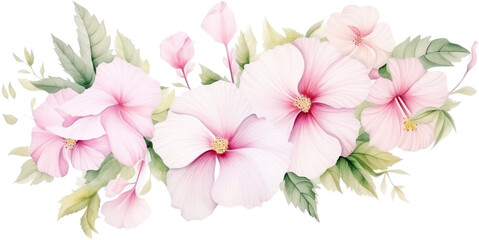 watercolor illustration decorative arrangement of white and pink Hibiscus syriacus and green leaves on transparent background. Florist bouquet. Korean National Day, Memorial Day, and Constitution Day.