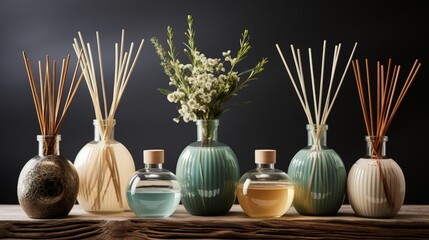 A serene collection of home fragrance diffusers and aromatizers, sleek reed diffusers, elegant aroma - obrazy, fototapety, plakaty