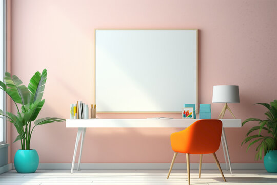 A realistic portrayal of an office space, highlighting a blank white frame, minimalistic design, mockup elements, and a delightful array of vibrant colors, all captured in high definition.