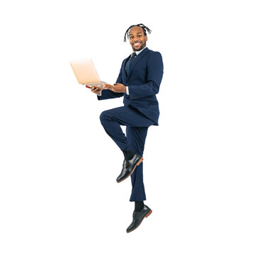 Full body photo of a black businessman jumping with a laptop. Full body photo PNG with transparent background precisely cut out with clipping path.