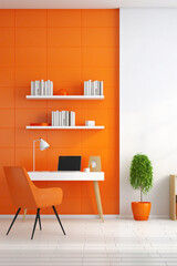 A mockup of a colorful office interior with a sleek white desk, a vibrant orange chair, and minimalist wall shelves.