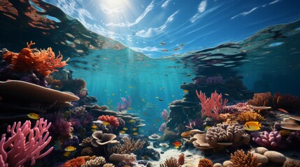 A school of colorful fish swimming around a coral reef, vibrant coral colors, clear blue water, show - obrazy, fototapety, plakaty