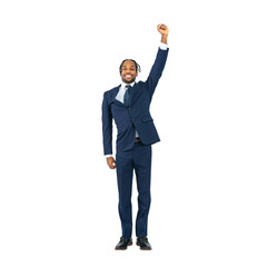 Full body photo of a black businessman fist pumping. Full body photo PNG with transparent background precisely cut out with clipping path.