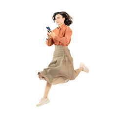 Full body photo of a white woman jumping while looking at her smartphone. Full body photo PNG with...