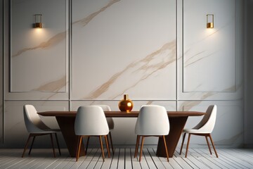 Modern dining room featuring a wooden table and white chairs under warm lighting