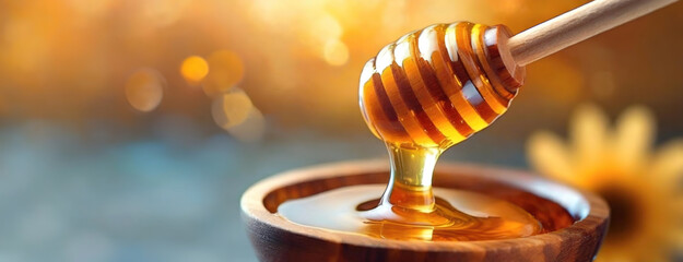 A wooden dipper drips golden honey into a bowl. Glistening amber fluid cascades down from the utensil, reflecting light, against a blurred background suggesting a warm, sunny ambiance. - obrazy, fototapety, plakaty