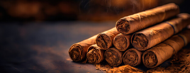 Rolled tobacco leaves are aligned neatly. Close-up of cigars with detailed textures, resting atop a wooden surface. - obrazy, fototapety, plakaty