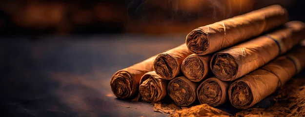 Foto op Plexiglas Rolled tobacco leaves are aligned neatly. Close-up of cigars with detailed textures, resting atop a wooden surface. © vidoc
