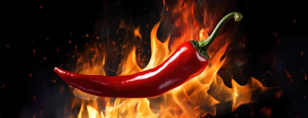 Wandaufkleber A chili pepper blazes amidst flames. Fiery red capsicum is engulfed in vibrant orange fire, symbolizing spice and heat, with embers flying around it against a dark background. © vidoc