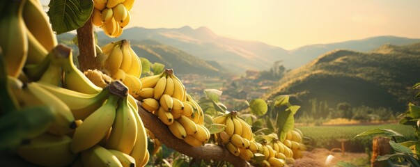 Bunches of bananas on amazing sunny banana plantation.