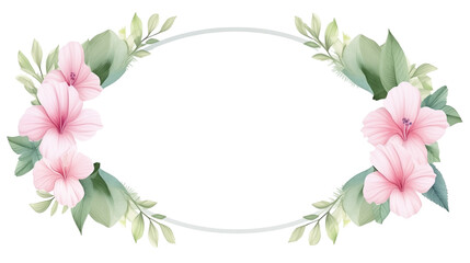 watercolor illustration oval floral wreath with white and pink Hibiscus syriacus and green  leaves on transparent background. Florist bouquet. Korean National Day, Korean National flower.
