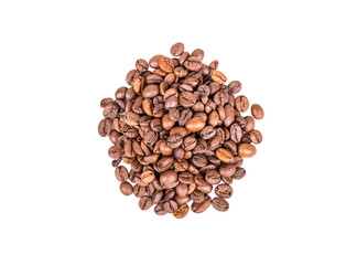 Heap of roasted coffee beans isolate top view