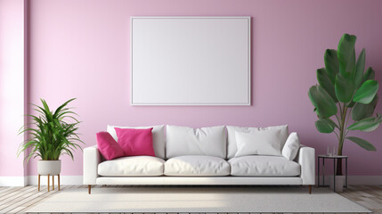 A mockup of a modern living room with a blank white empty frame, showcasing a vibrant, contemporary digital illustration that adds a touch of whimsy.