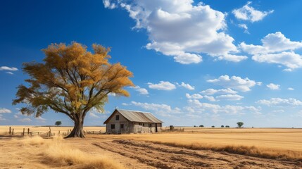 A rustic dirt road leading to a quaint farmhouse, surrounded by fields of golden wheat swaying in th