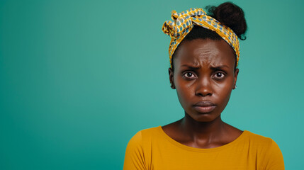 West African Woman Exuding Regret and Remorse, Isolated on Solid Background - Copy Space Available