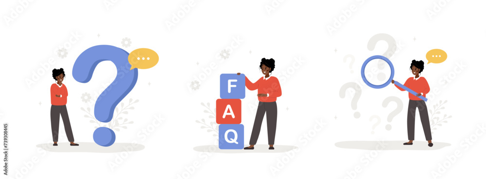Aufkleber faq concept. african women ask questions and receive answers. customer support. set of vector illust