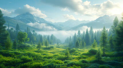 Beauty in nature. Beautiful mountains, green meadow and forest in summer. 