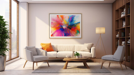 A mockup of a modern living room with a blank white empty frame, featuring a colorful, contemporary art piece as the focal point.