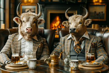 Aristocracy and upper class concept. Two bulls in fashionable suits sitting in luxury chairs in front of fireplaceю  - obrazy, fototapety, plakaty