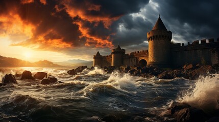 A dramatic seascape with stormy skies over an ancient port, the formidable fortress standing guard o - obrazy, fototapety, plakaty
