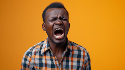 West African Man Reflecting Anger and Frustration, Isolated on Solid Background - Copy Space Provided - obrazy, fototapety, plakaty