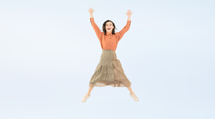 Full body photo of a white woman jumping. (We also sell PNGs that are cropped and have transparent...