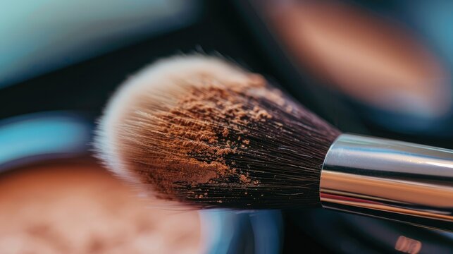 Close up of makeup artist applying light layer of matting powder while using professional brush for lady