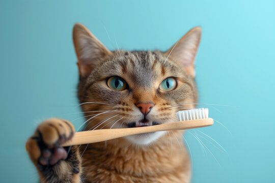 Funny brown cat brushing teeth with wooden toothbrush. Vet clinic and dentistry for pets banner.