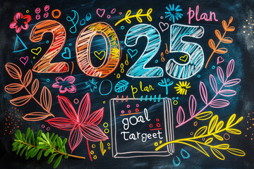 Goal and target for 2025 on black chalkboard. 
