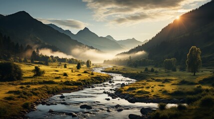 A serene mountain valley at dawn, mist rising from the meadows, rugged peaks in the background bathe - obrazy, fototapety, plakaty