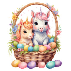 an adorable illustration of happy chibi baby Unicorns in an Easter basket for a kid's room,watercolor style,PNG format,isolated on a white background