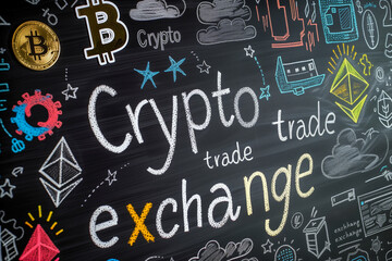 Fototapeta na wymiar Signs Crypto Trade and Exchange on the black chalkboard with different symbols of cryptocurrency trading. 