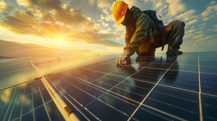 Lavoratore con dispositivi di protezione individuale allinea accuratamente un pannello solare sul tetto - obrazy, fototapety, plakaty