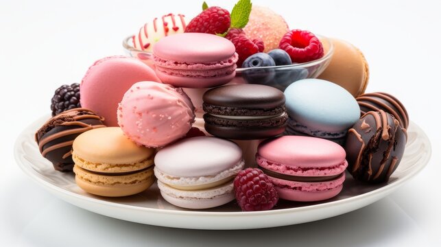 A selection of elegant pastries and sweets, such as macarons, petit fours, and chocolate &eacute;clairs, a