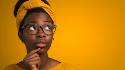 Curious and Wonder-filled West African Woman, Isolated on Solid Background - Copy Space Included - obrazy, fototapety, plakaty