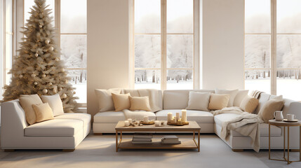 Golden White Theme Modern Living room with Christmas tree, luxury