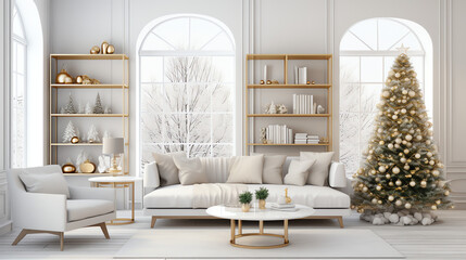 Golden White Theme Modern Living room with Christmas tree, fireplace, luxury
