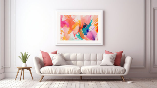 A mockup of a modern living room with a blank white empty frame, showcasing a vibrant, digitally created abstract artwork that adds a burst of energy to the space.