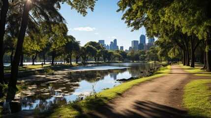 Obraz premium A panoramic view of a sprawling urban park in spring, skyscrapers in the background, wide pathways a